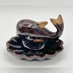 Vintage Whale Ceramic Ashtray Trinket Dish Brown Dripware Figural Pottery 5"